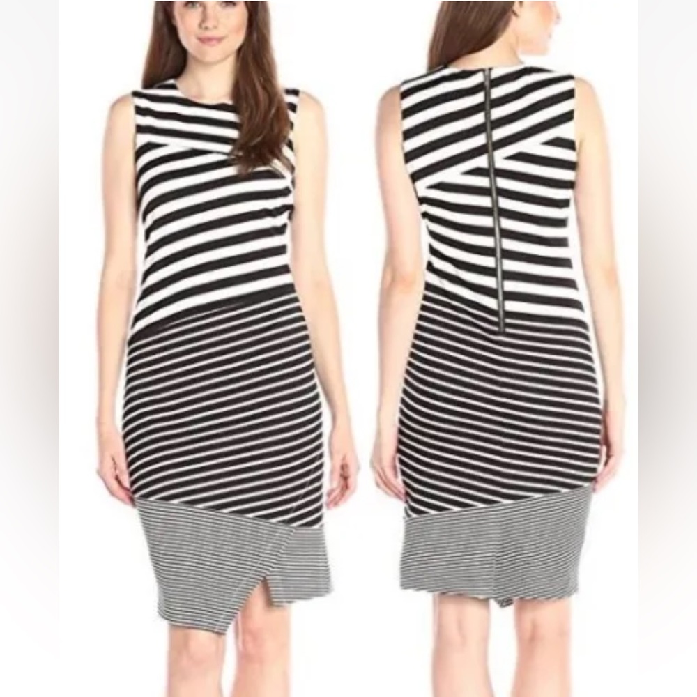 Calvin Klein Black/White Textured Mix Stripe Stretch Knit Dress